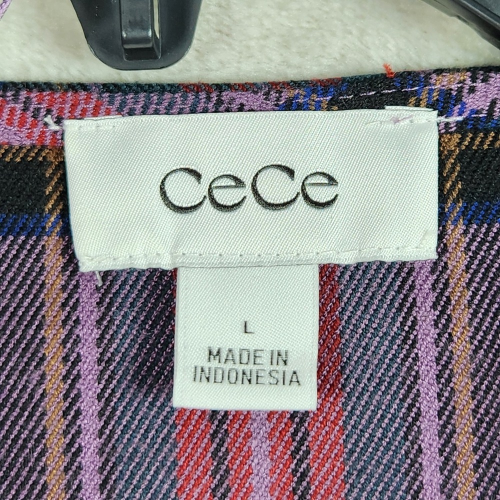 CeCe‎ Peplum Top Womens Large Violet Plaid Velvet Bow Short Puff Sleeve Preppy - Picture 3 of 8